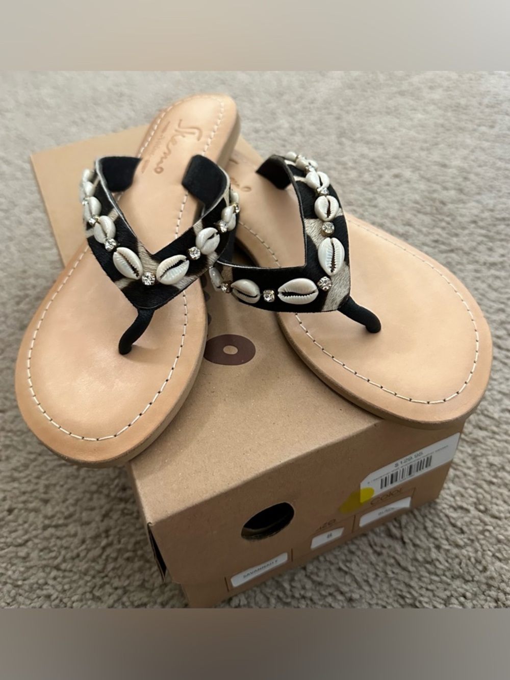 NWB Skemo Savannah Shell & Cowhide Leather Sandals